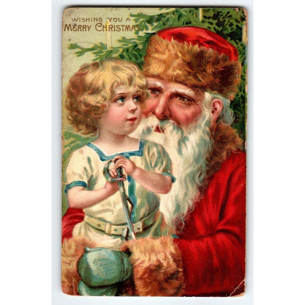 Antique 1908 Santa Claus Christmas Postcard – Girl with Sword - Santa – Embossed